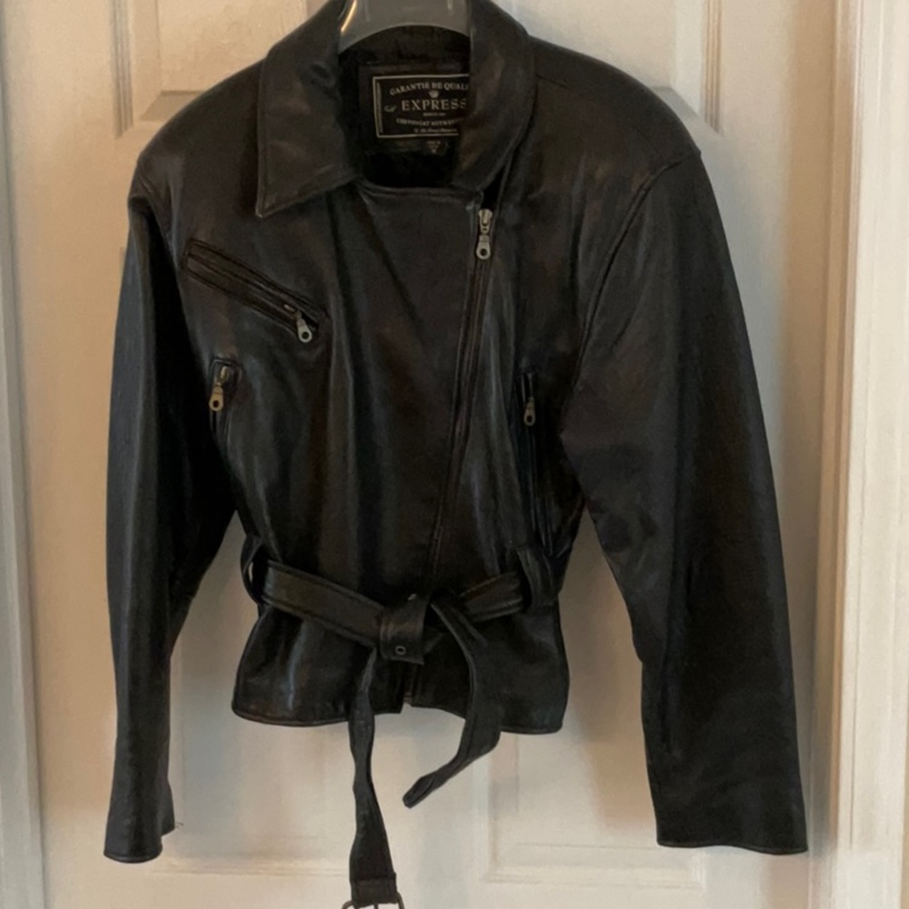 Vintage black leather motto jacket.